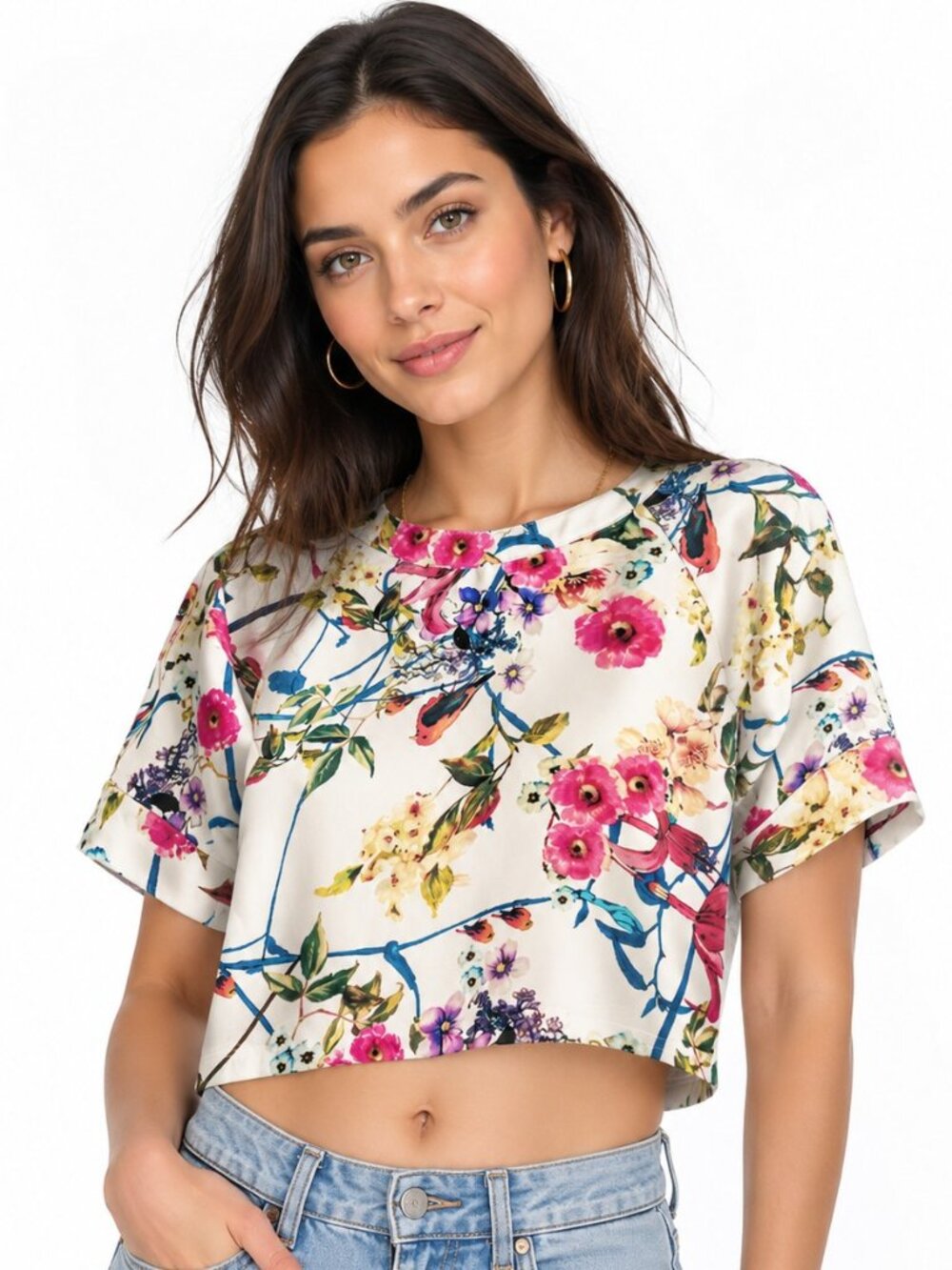 Gracia Multicolor Floral Zip Shoulder Crop Top